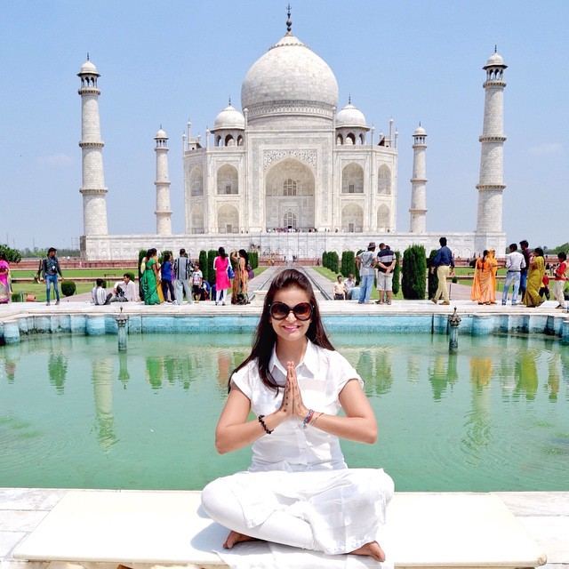 Aastha Chopra in Namaste at the Taj Mahal (Sukhasana, Anjali mudra), Agra, India, April 2015
