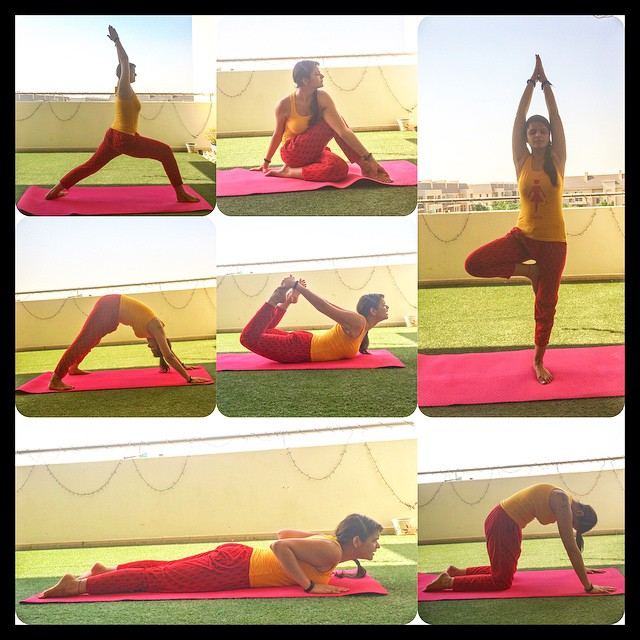 Aastha Chopra in Yoga Day 2015, seven poses (Warrior I, twist, tree, down dog, bow, sphinx, cat), Rooftop, Dubai, June 2015