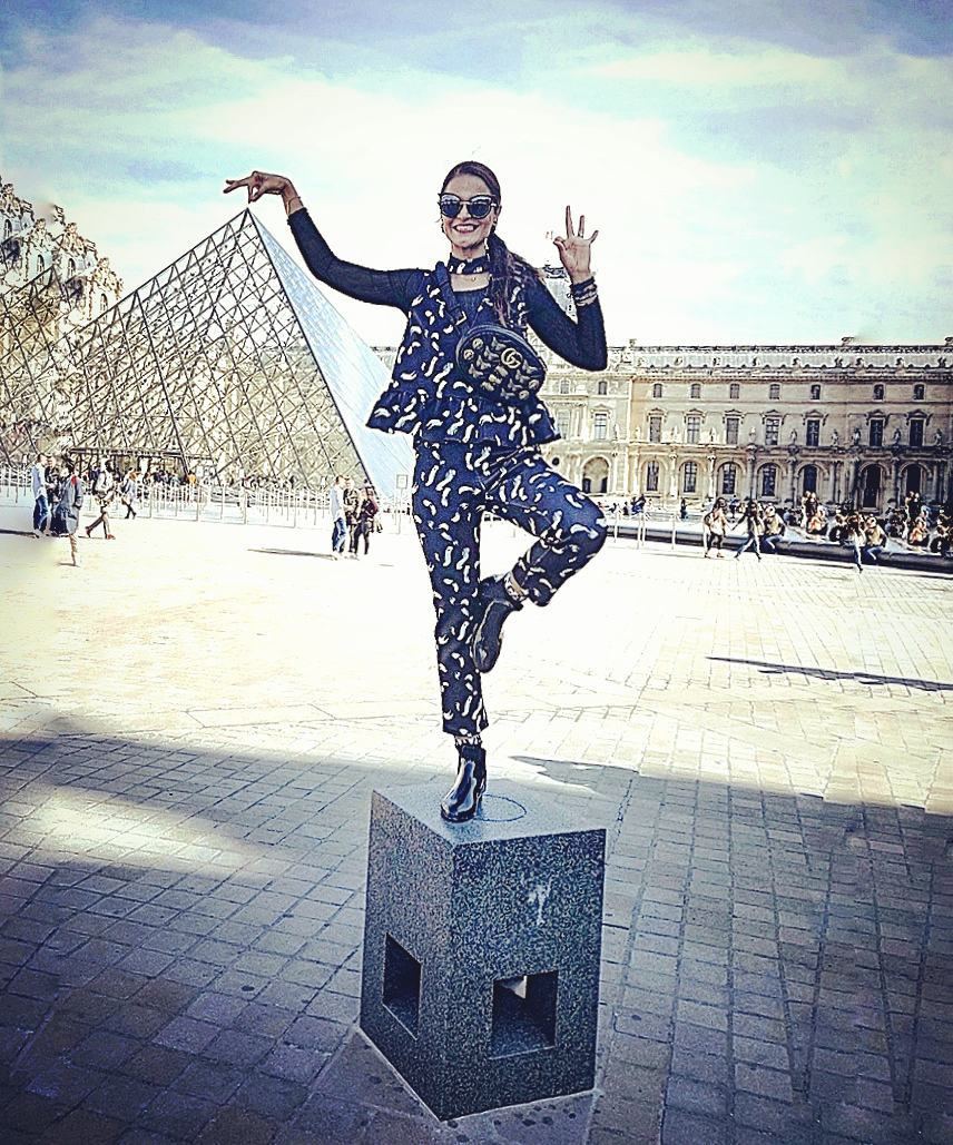 Aastha Chopra in Tree on a bollard at the Louvre (Vrksasana), Paris, France, October 2017