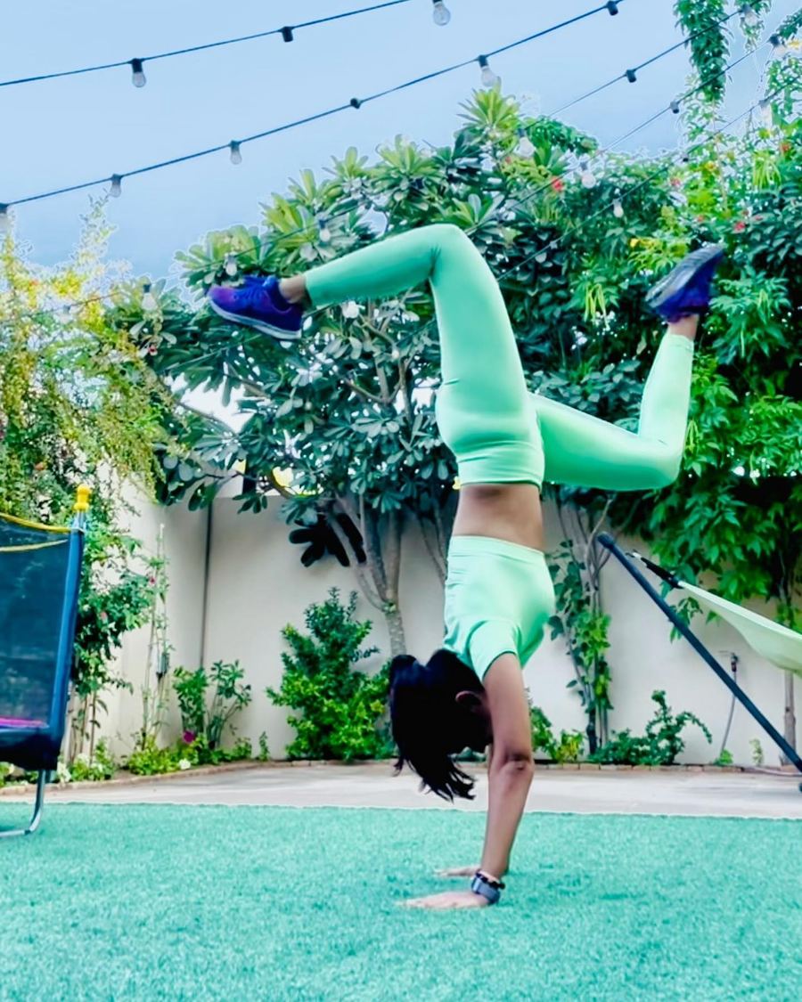 Aastha Chopra in Stag handstand (Adho Mukha Vrksasana), Garden, Dubai, December 2020