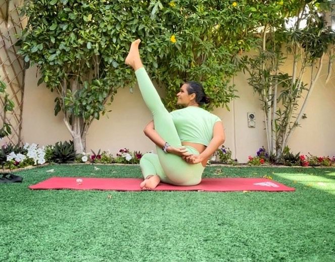 Aastha Chopra in Compass pose, prep (Surya Yantrasana), Garden, Dubai, March 2021