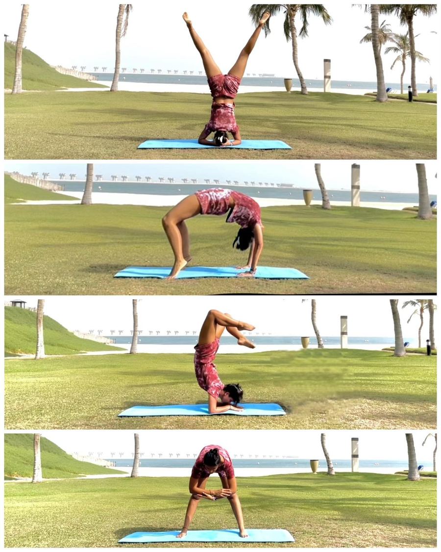 Aastha Chopra in A four-pose flow (Sirsasana, Urdhva Dhanurasana, Pincha, Prasarita), Palm-lined lawn, Dubai, August 2021