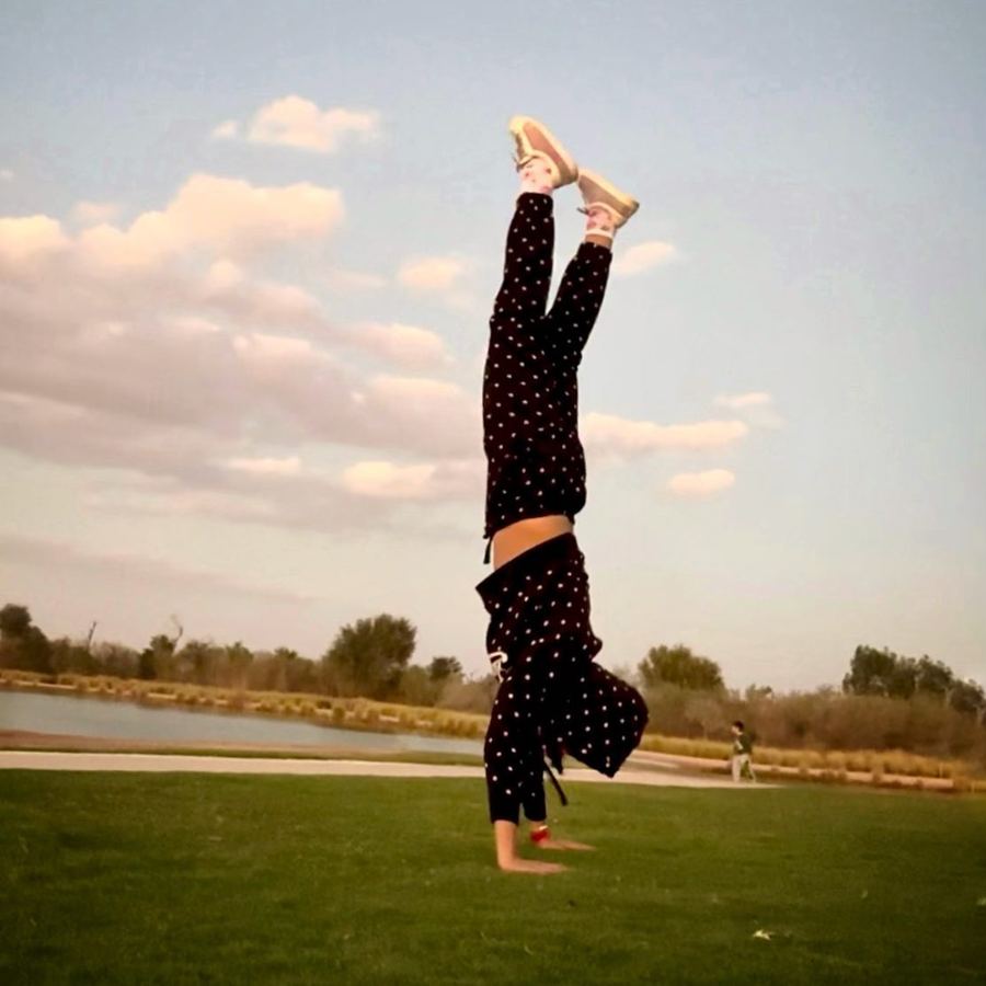 Aastha Chopra in Handstand on the grass (Adho Mukha Vrksasana), Al Qudra, Dubai, January 2023