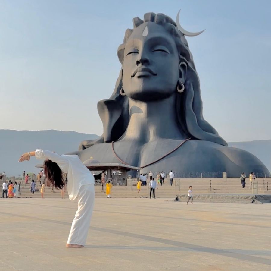 Aastha Chopra in Standing backbend before Adiyogi (Anuvittasana), Isha, Coimbatore, India, March 2023