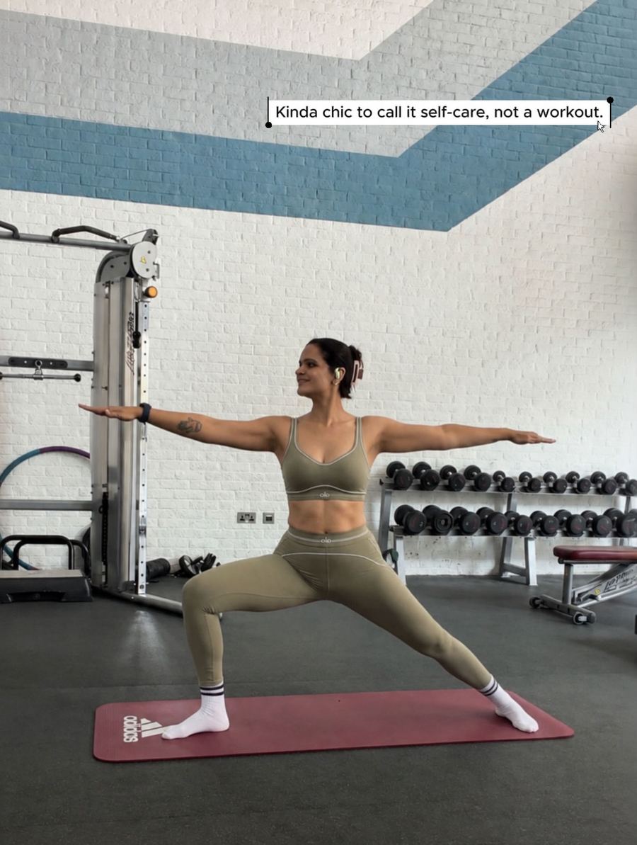 Aastha Chopra in Warrior two (Virabhadrasana II), Gym, Dubai, August 2026