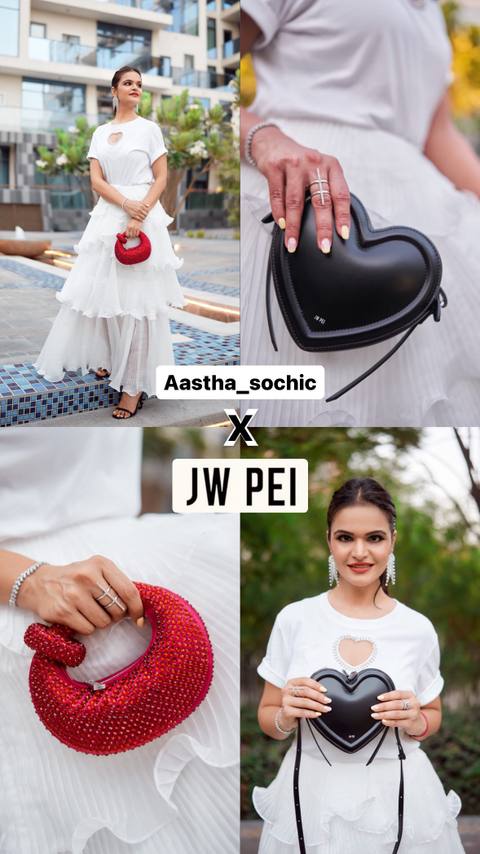 JW Pei party in August 2024 with the crystal bag and the heart bag, plus her discount code