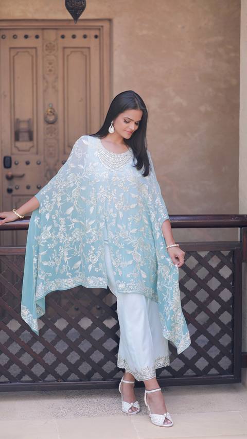 Mahgul Sea Pearl: a chiffon kaftan-style kurti over raw silk trousers, my Ramadan gathering outfit.