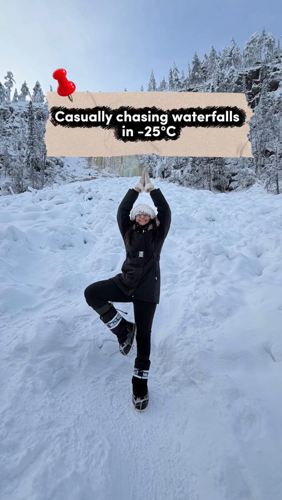 Aastha Chopra in Tree in the snow (Vrksasana), Lapland, minus 25 degrees, March 2026